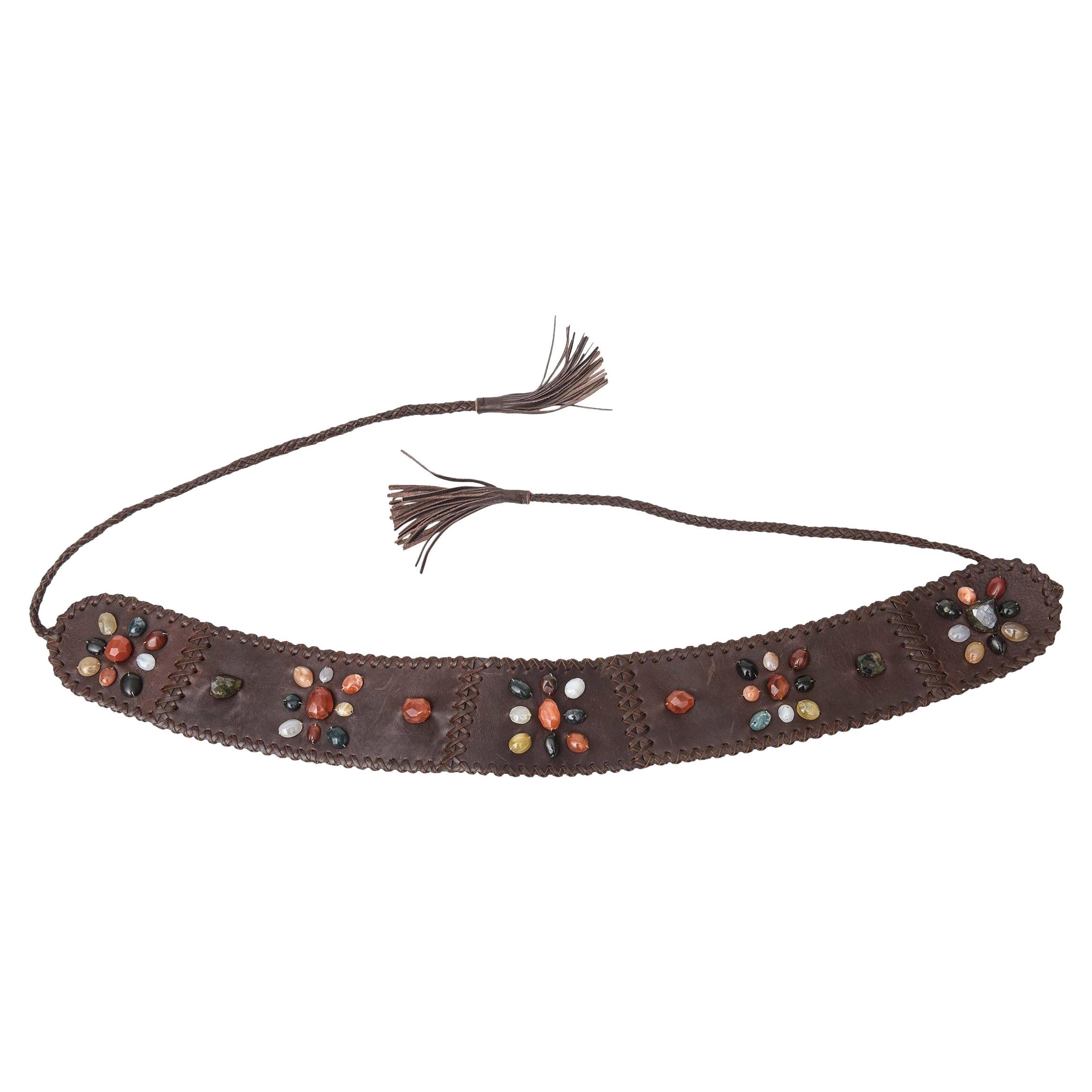 Brown Stitched Leather And Colored Agate Stones Tie Waist Belt with Tassels For Sale
