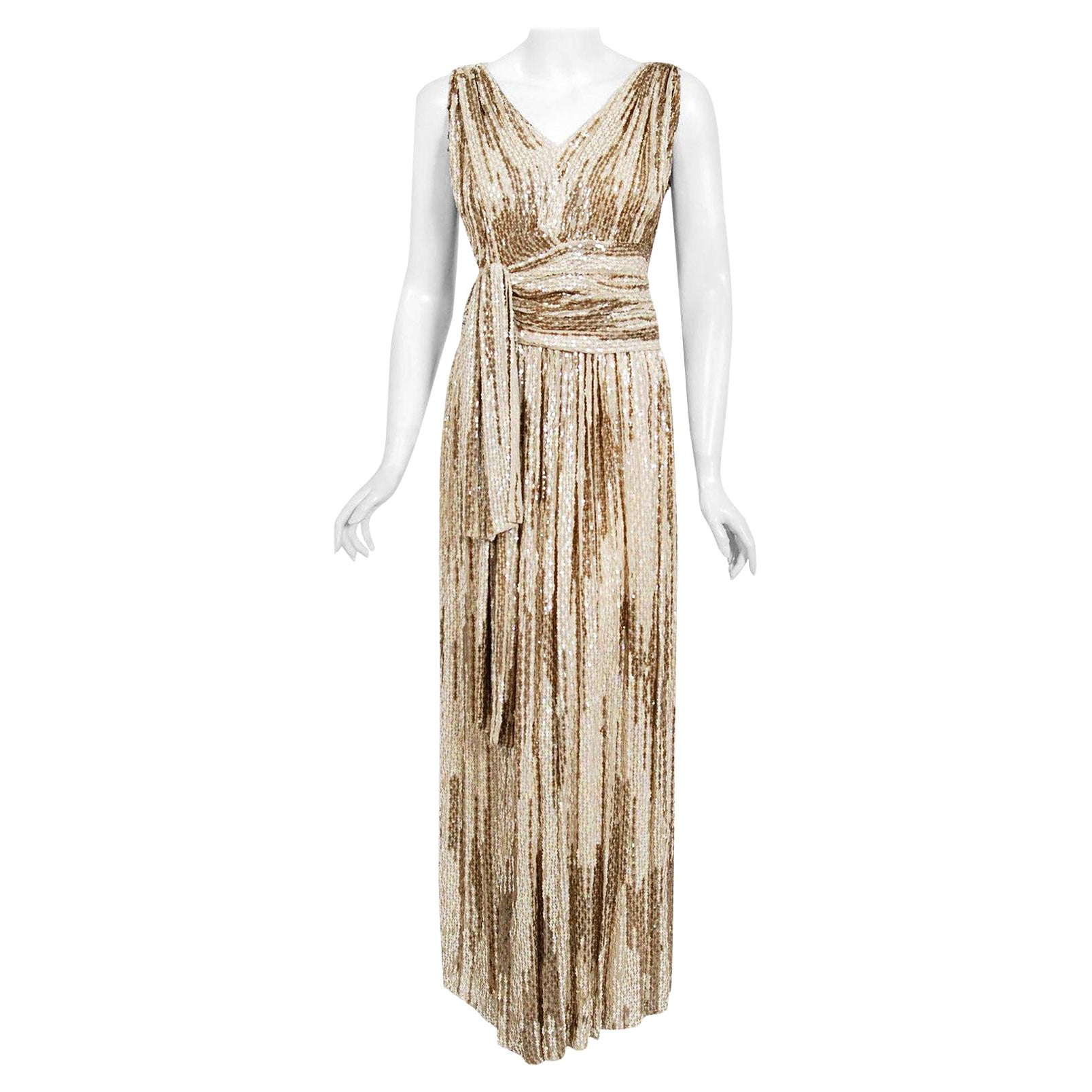Vintage 1940's French Couture Iridescent Ivory Gold Sequin Silk Draped Gown