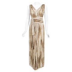 1940's Iridescent Ivory Gold Beaded Sequin Silk Draped Goddess Couture Gown