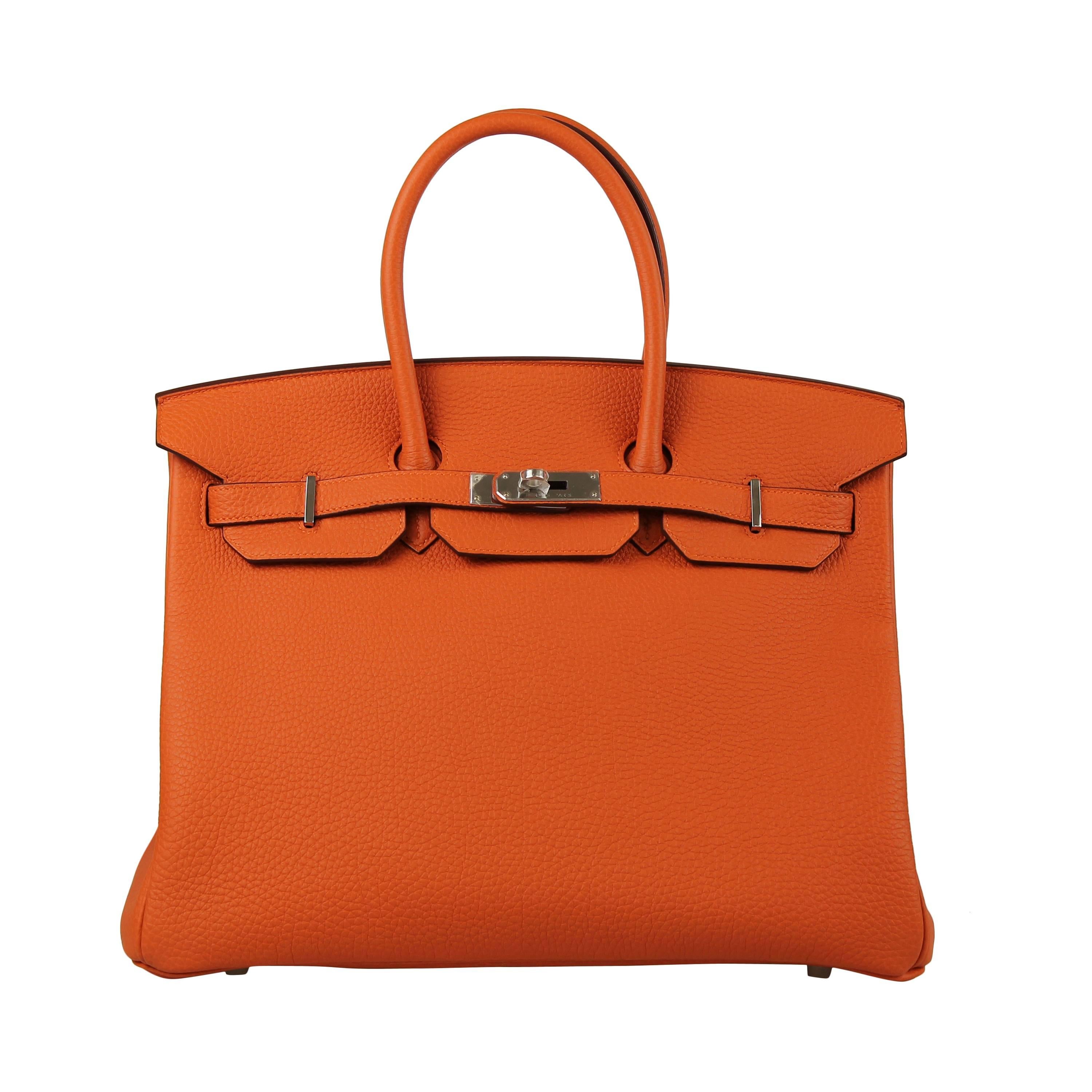 Hermes Togo Leather Silver Hdw 35 Cm Birkin Orange Tote Bag For Sale