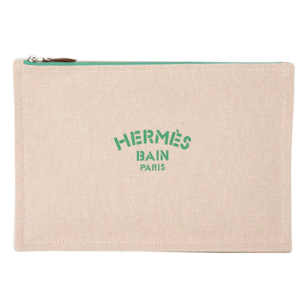 Hermes Bain Flat Yachting Pouch Case Natural w/ Green Writing Cotton Large