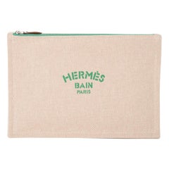 Hermes Bain Flat Yachting Pouch Case Natur mit grüner Schrift Baumwolle groß