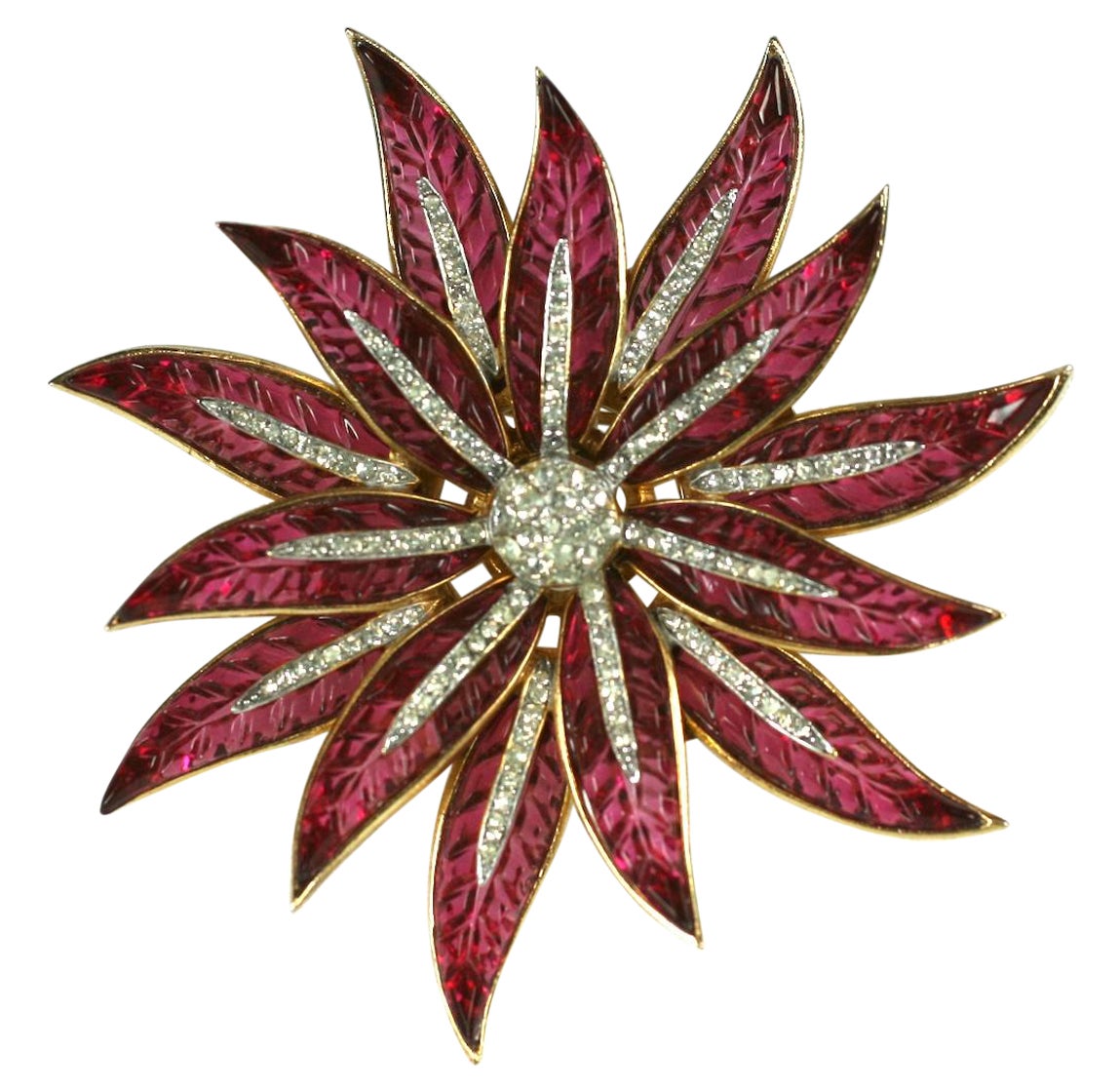 Rare Trifari Alfred Philippe Pave and Invisibly Set Ruby Flower Brooch