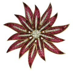 Retro Rare Trifari Alfred Philippe Pave and Invisibly Set Ruby Flower Brooch