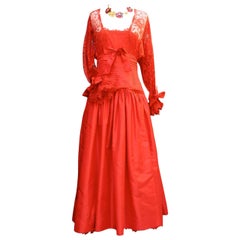 Fall 1980 Nina Ricci Haute Boutique Red Taffeta and Lace Evening Dress