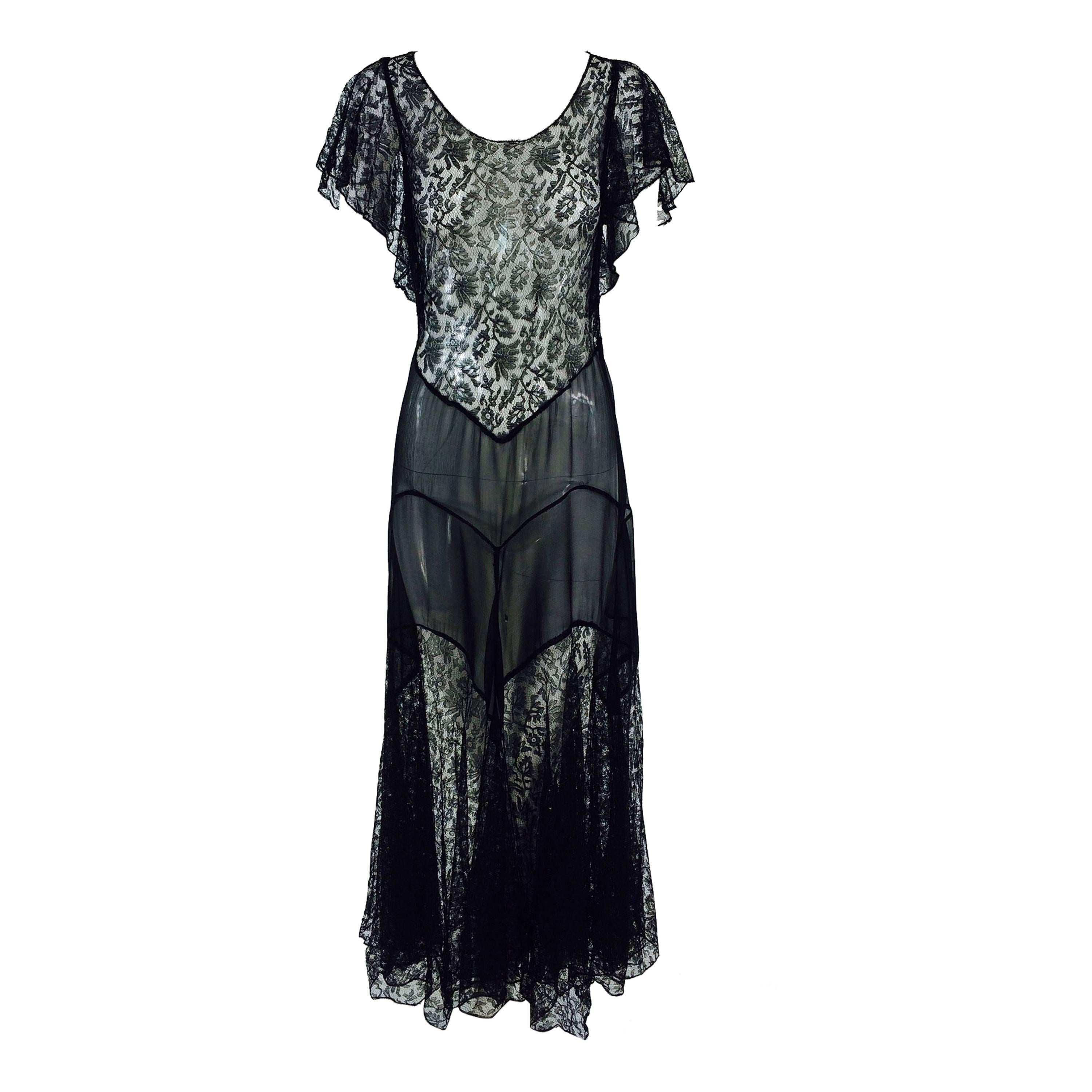 Sheer black lace 
silk chiffon bias cut dress 1930s