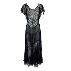 Sheer black lace & silk chiffon bias cut dress 1930s