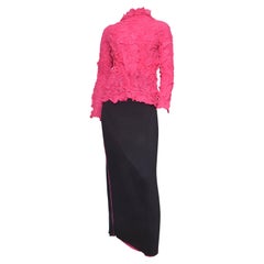 Issey Miyake Crinkled Hot Pink Blouse w Black Pleated Skirt Set