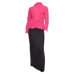 Issey Miyake Crinkled Hot Pink Blouse w Black Pleated Skirt Set 2
