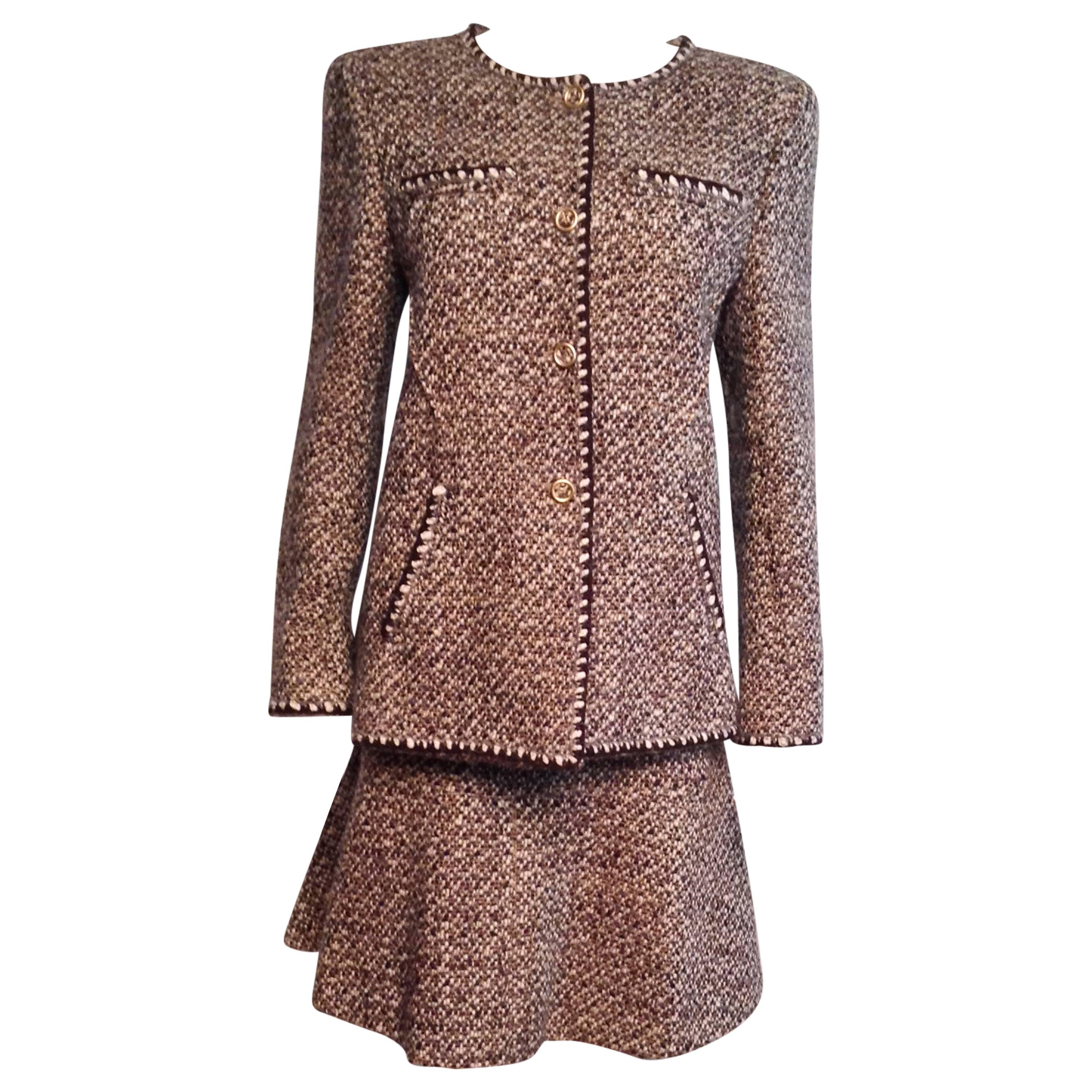 Chanel Vintage Brown Tweed Skirt Suit Size 42 For Sale