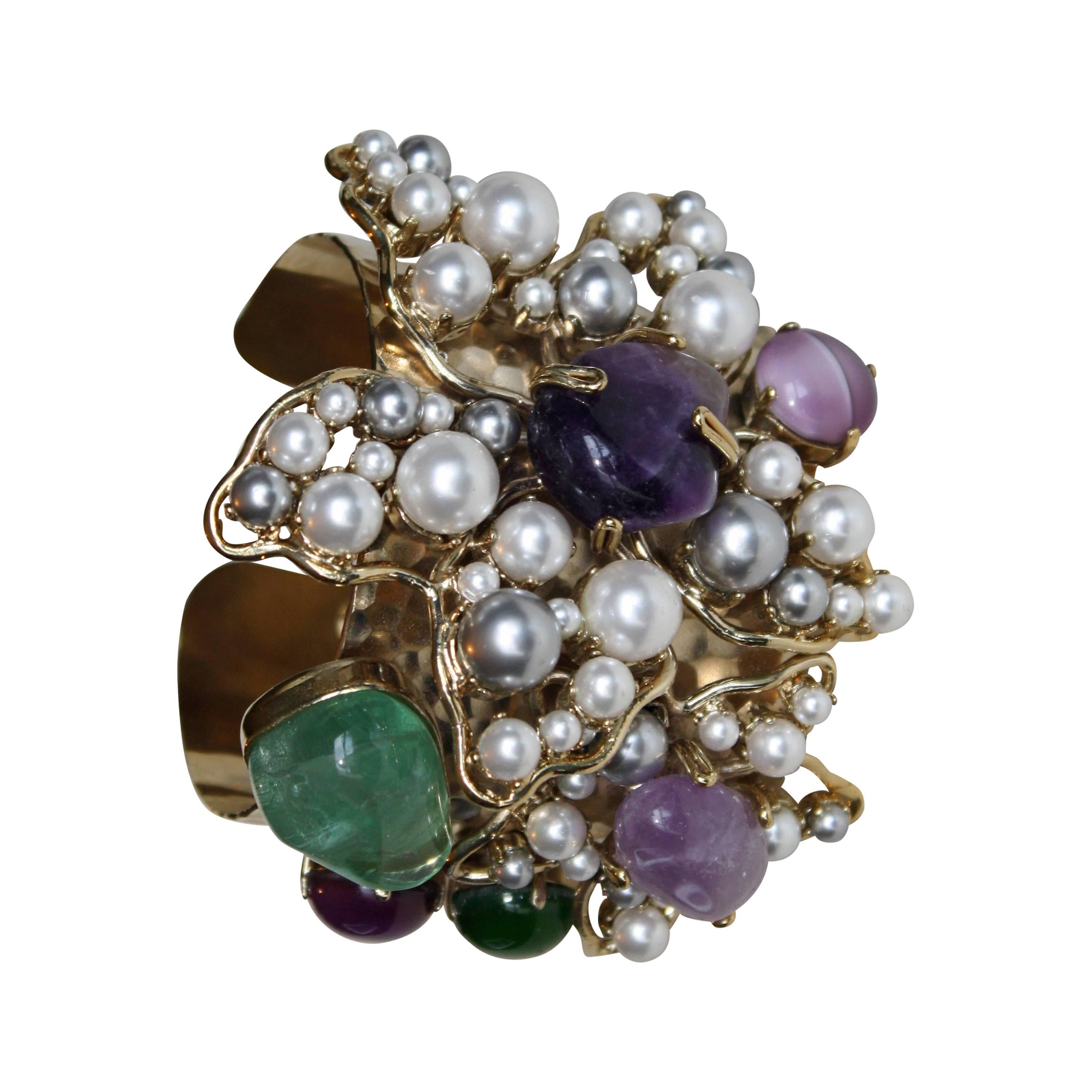 Philippe Ferrandis Glass Pearl and Semi-Precious Cuff Bracelet