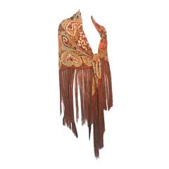 Retro 1970s Francoise Guerin Fine Wool Challis Print Fringed Shawl