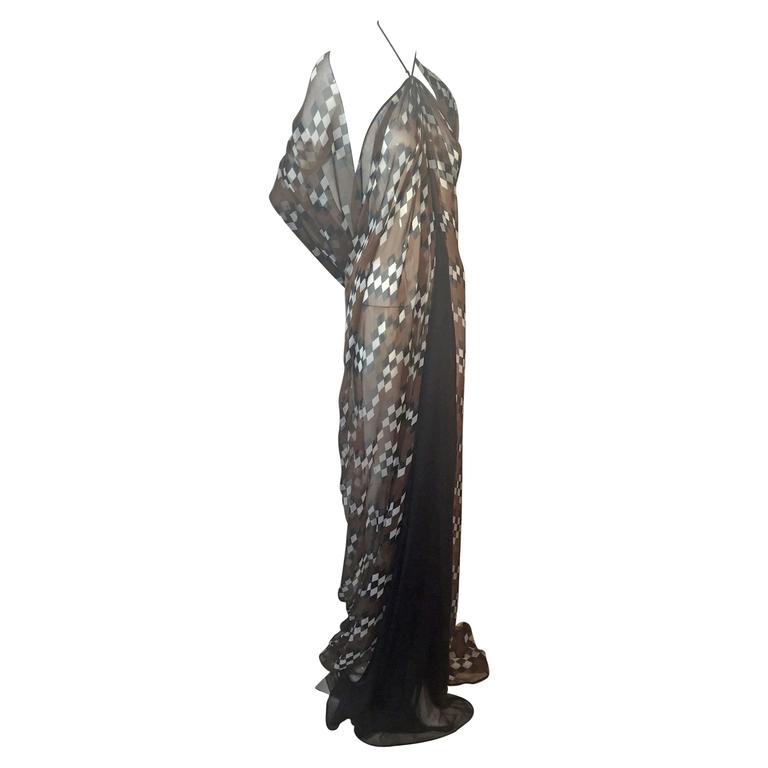 Extraordinary 1970s James Galanos Couture Floral Print Silk Chiffon Dress w Beaded Butterfly Detailing