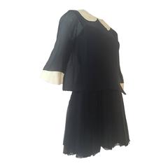 1960s Galanos 2-Piece Black Silk Chiffon Mini Dress with White Collar and Cuff