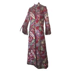 1960s Bill Tice Paisley Quilted Princess Cut Satin Robe w/ Loop Fringe Cuffs