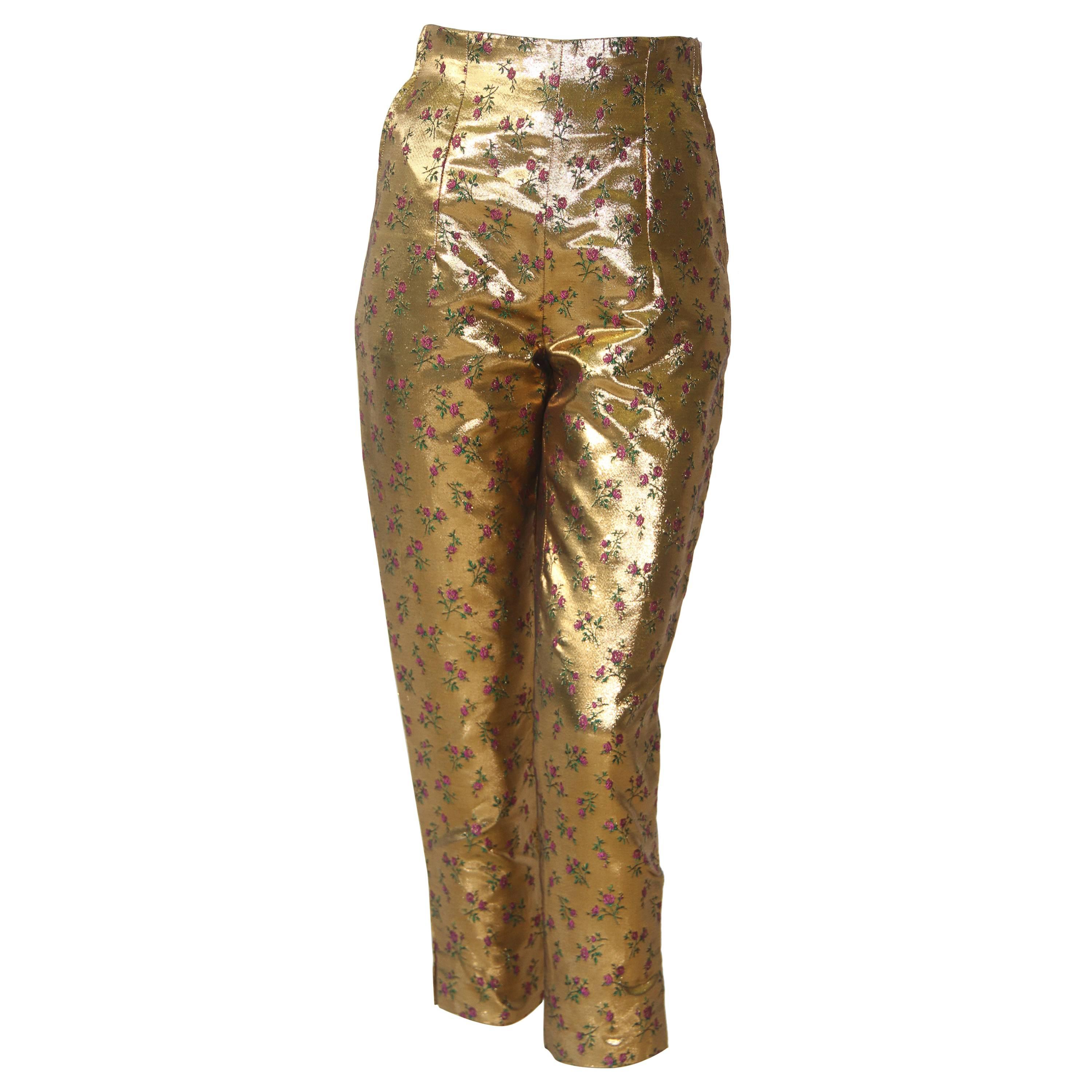 Rare Harriet Selling Gold Lame Floral Embroidered Pants Fall 1991 For Sale