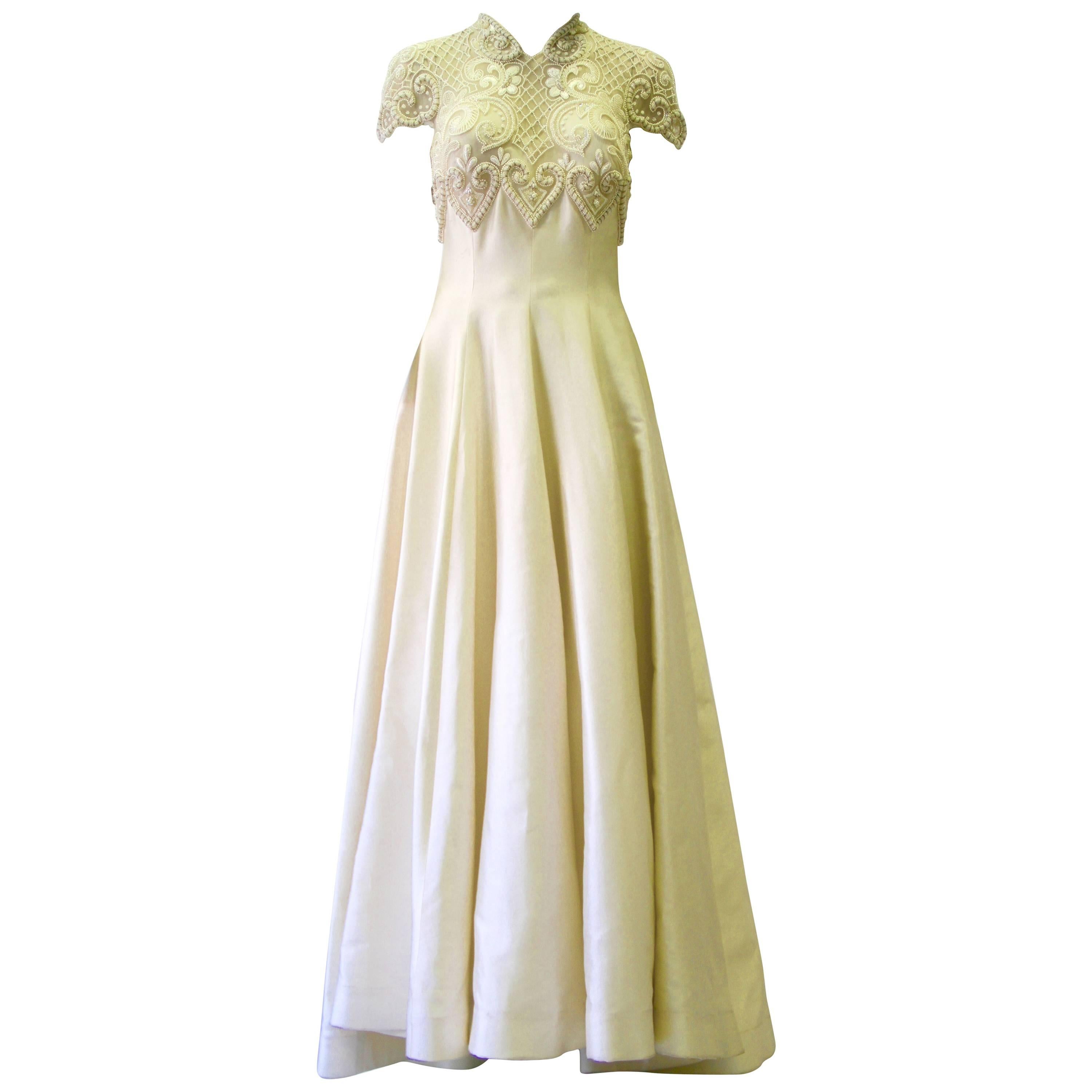 Important Pino Lancetti Hand Embroidered Duchess Satin Wedding Gown 1996 For Sale