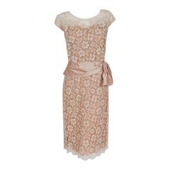 Vintage 1950's Peggy Hunt Nude & Ivory Lace Sheer-Illusion Peplum Cocktail Party Dress