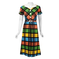 Vintage 1940's Rainbow Plaid Print Cotton Button-Down Belted Swing Dress w/ Tags