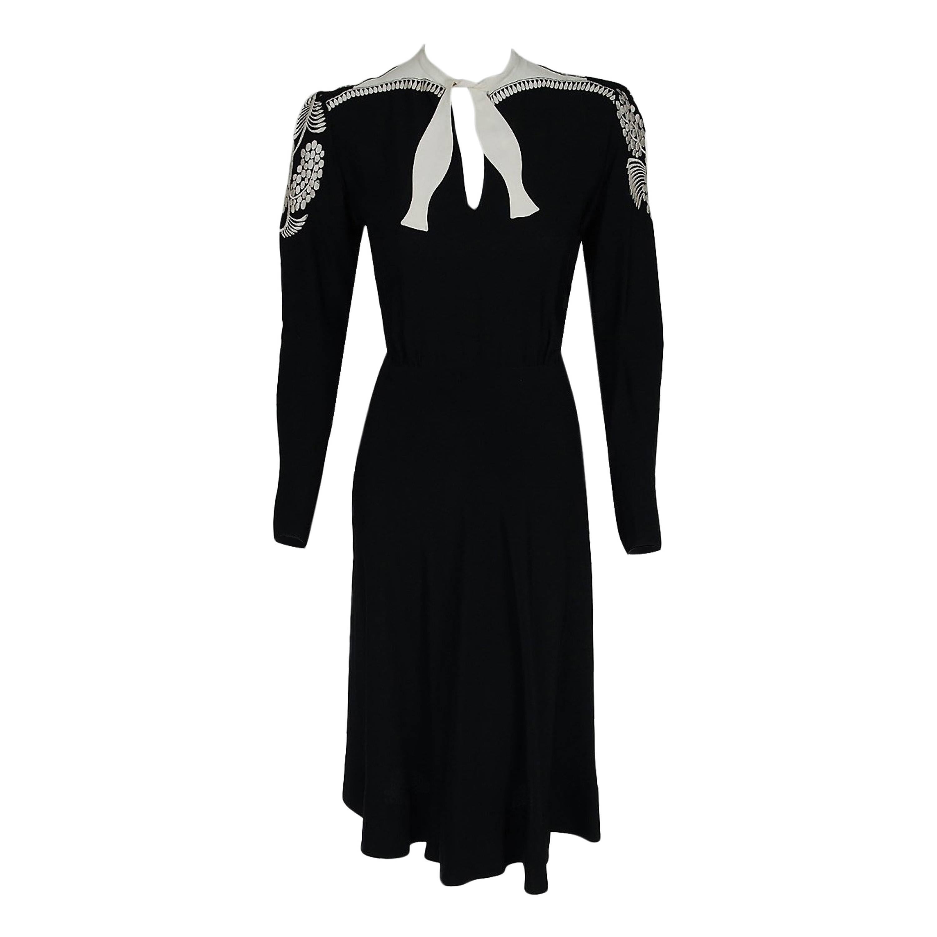 1940's Nina Ricci Haute-Couture Black & White Embroidered Silk Tie-Neck Dress
