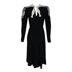 Vintage 1940's Nina Ricci Haute-Couture Black & White Embroidered Silk Tie-Neck Dress