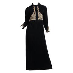 Retro Late 1960s Baroque Inspired Gold and Crystal Embroidered Velvet Gown