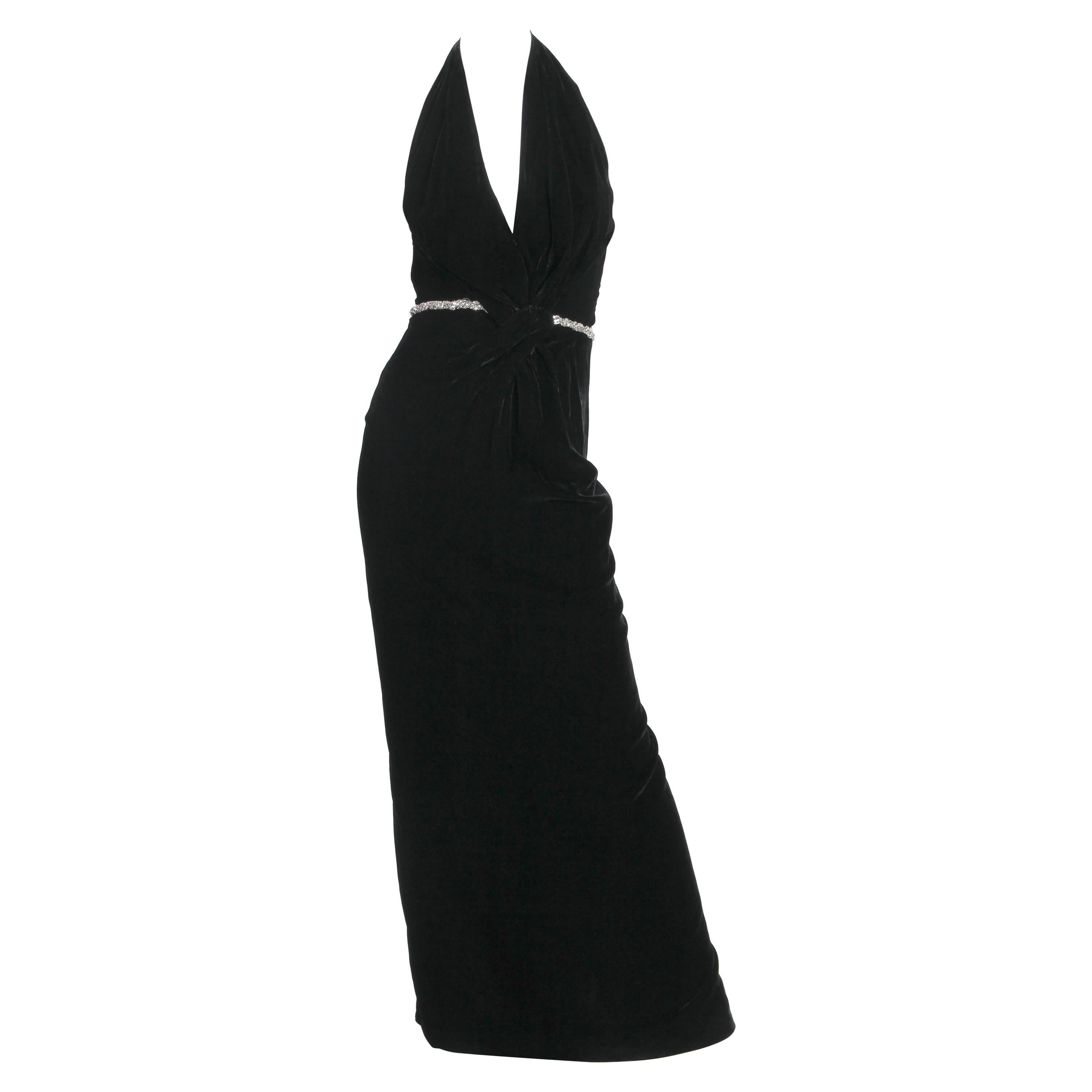 1970S CEIL CHAPMAN Black Rayon & Silk Velvet Plunging Halter Neck Gown With Sli For Sale