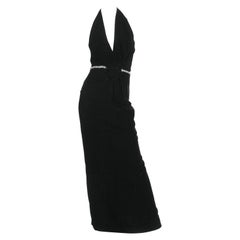 1970S CEIL CHAPMAN Black Rayon & Silk Velvet Plunging Halter Neck Gown With Sli