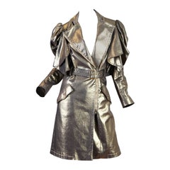 1990S JC DE CASTELBAJAC Metallic Gold Cotton Denim Belted Trench Coat With Elep