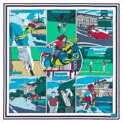 Used Hermes Scarf Wow Double Face Silk Twill Bleu / Vert / Bleu Dur 90 New w/Box