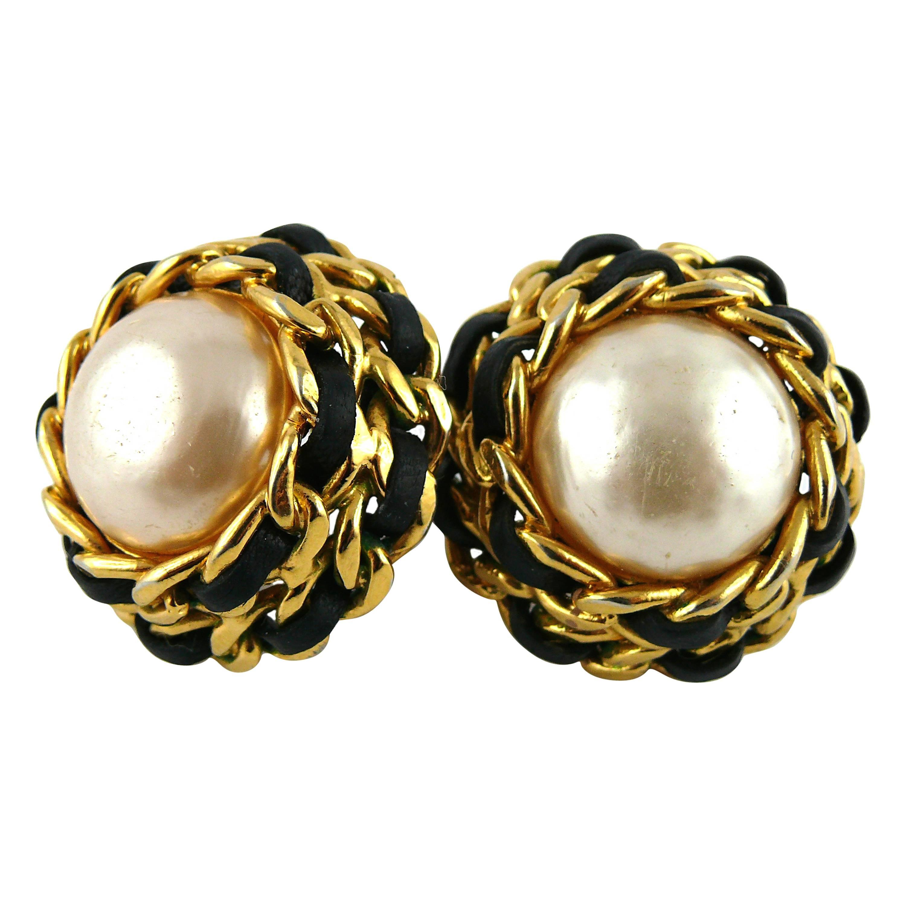Chanel Vintage 1990 Massive Iconic Chain & Black Leather Pearl Clip-On Earrings