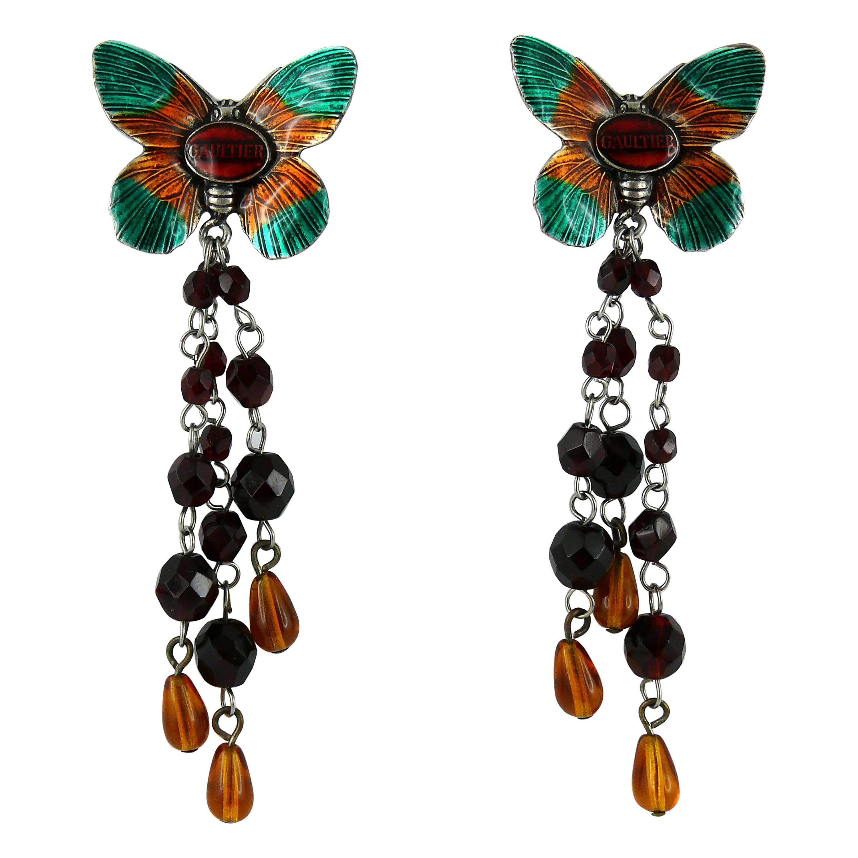 Jean Paul Gaultier Vintage Enamel Butterfly Dangling Earrings