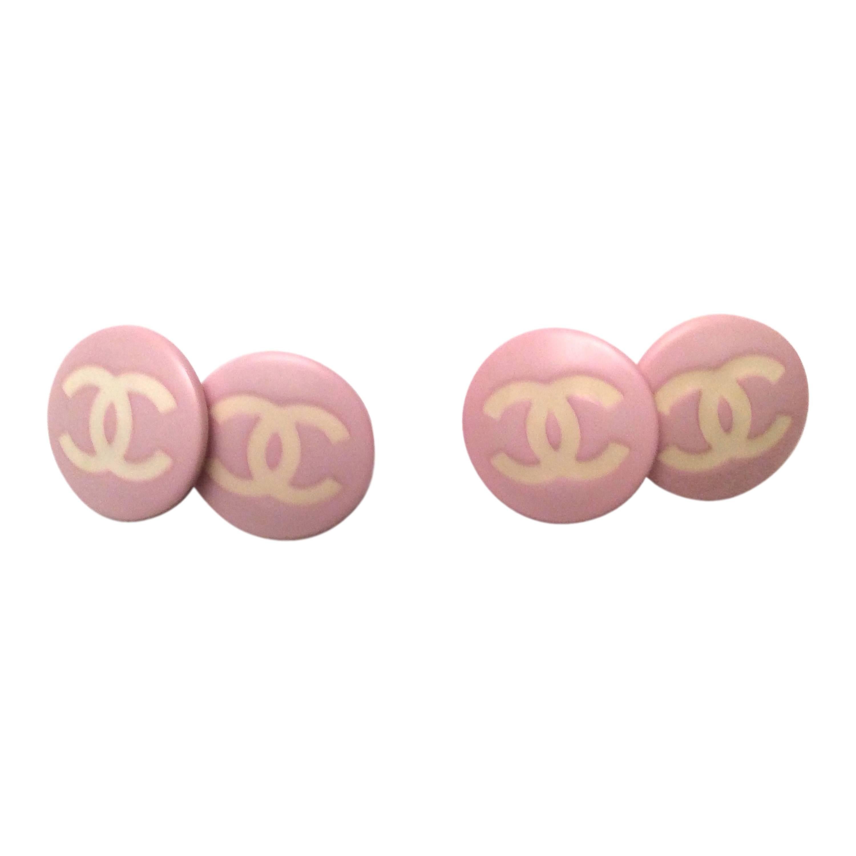 Chanel Pink and White CC Logo Cufflinks - 1980's For Sale