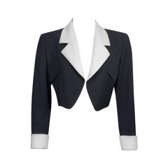 Vintage 1980's Yves Saint Laurent Rive Gauche Black & White Silk Bolero Jacket