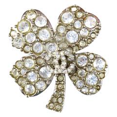 Chanel Silver & Rhinestone Four Leaf Clover Brooch