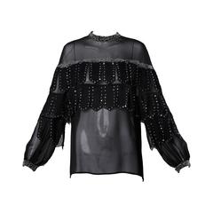 Vintage Black Sheer Silk Chiffon Blouson Top with Sequin and Beaded Detail