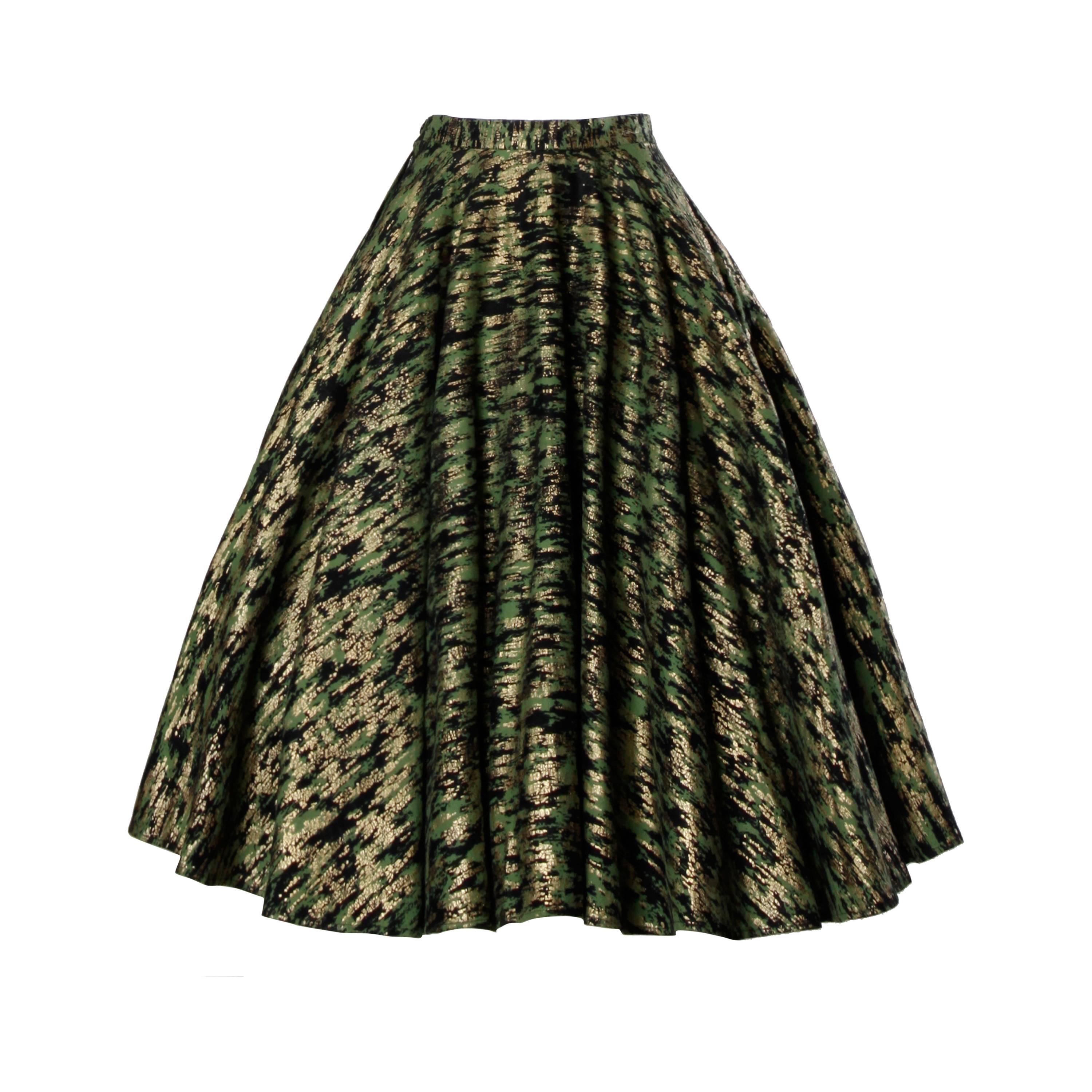 1950s Vintage Metallic Gold + Green Hand Screenprint Swing Skirt For Sale