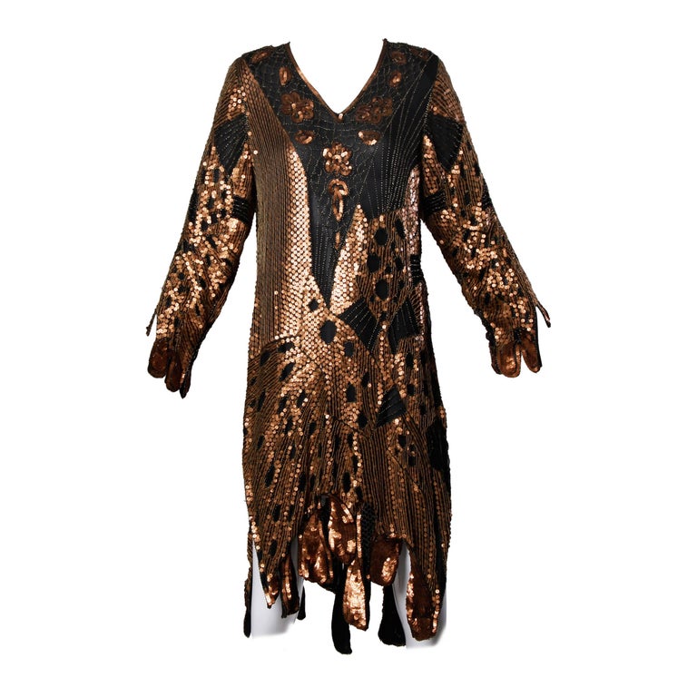 Unworn Vintage Metallic Sequin + Beaded Silk Flapper Dress with ...
