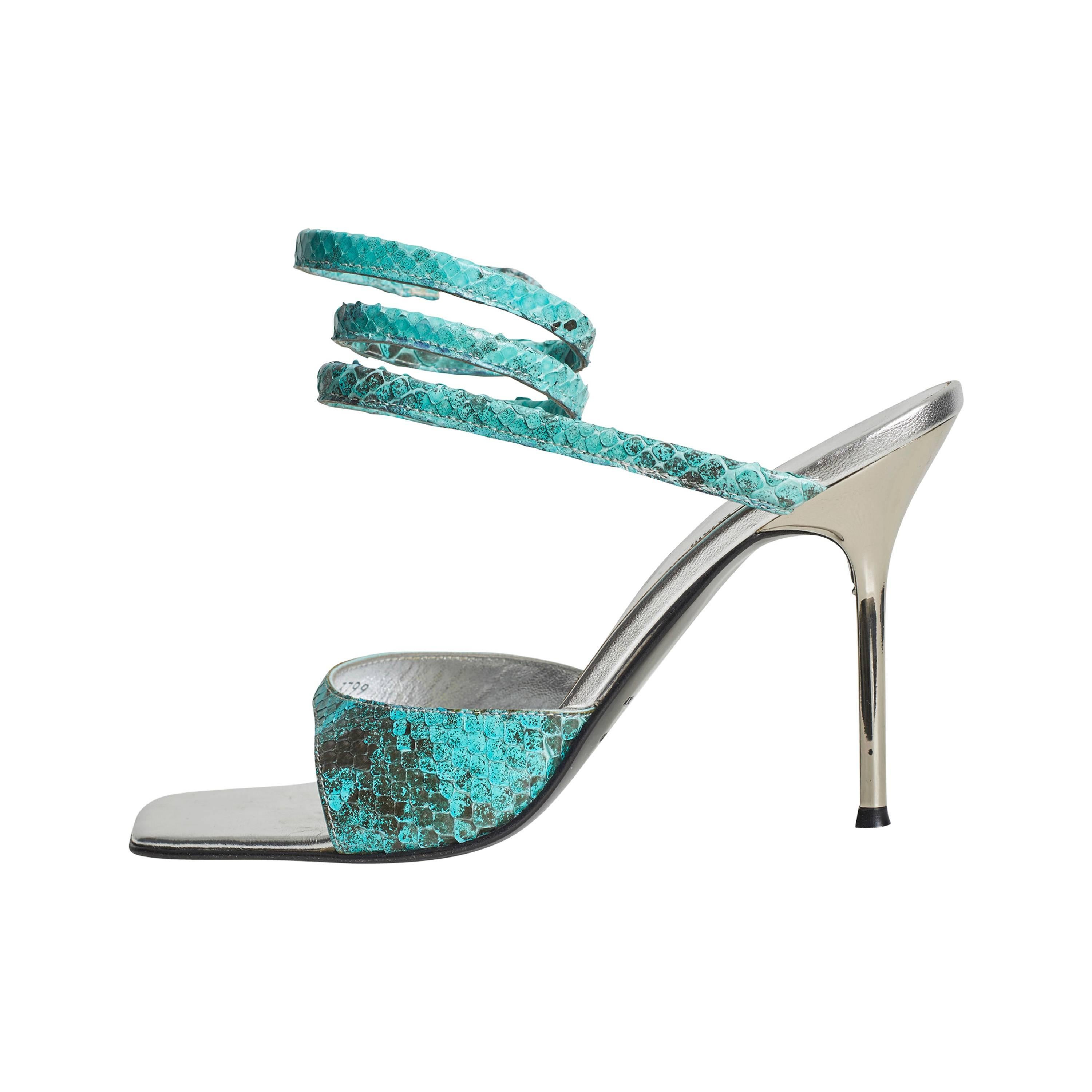 Roberto Cavalli Turquoise Snakeskin Silver Sandals Shoes For Sale