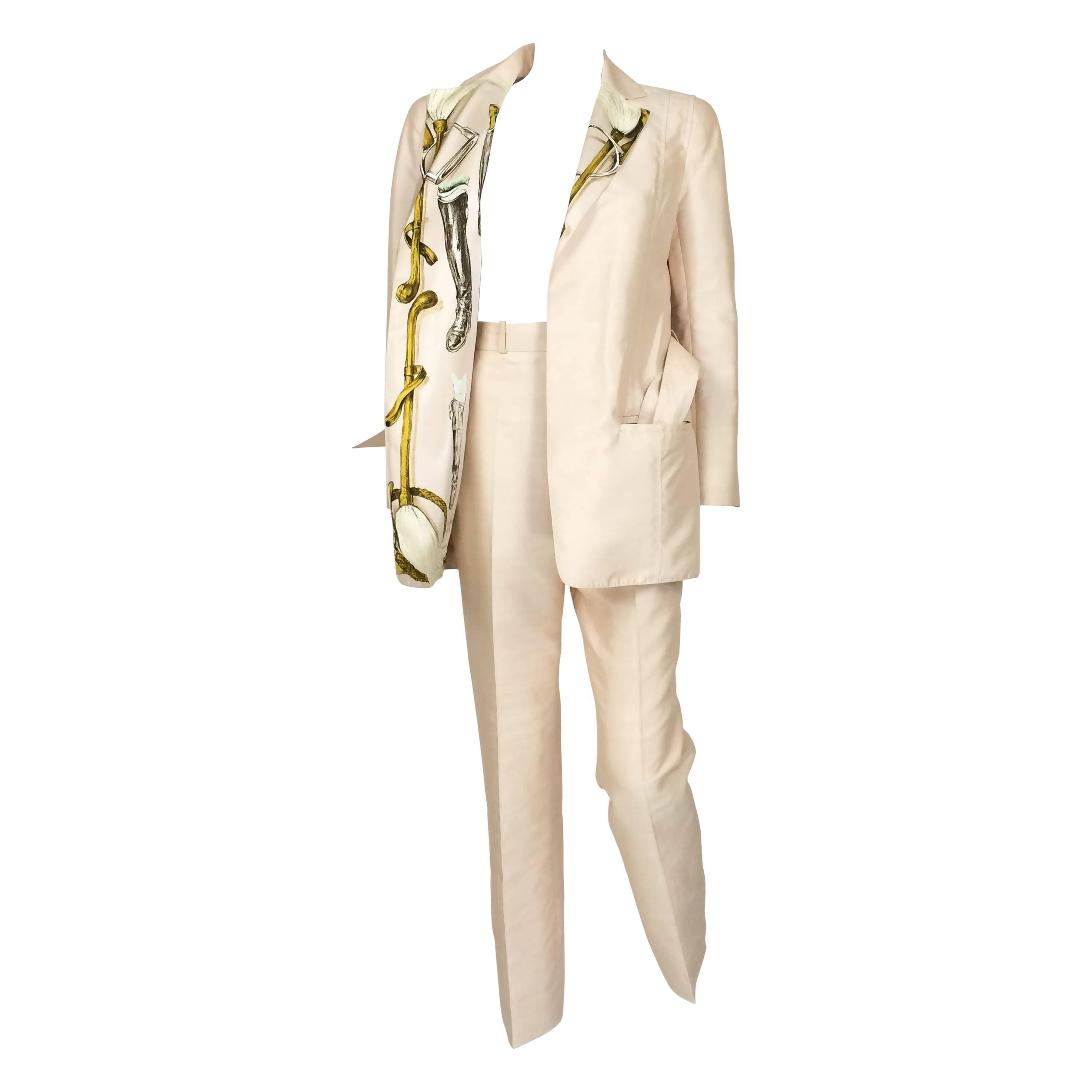 Rare Hermes Suit with 'A Propos de Bottes' Print on Lapels and Lining - 1980s