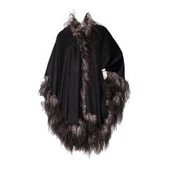 Vintage 1980s Emmanuelle Khahn Black Wool & Ostrich Feather Cape