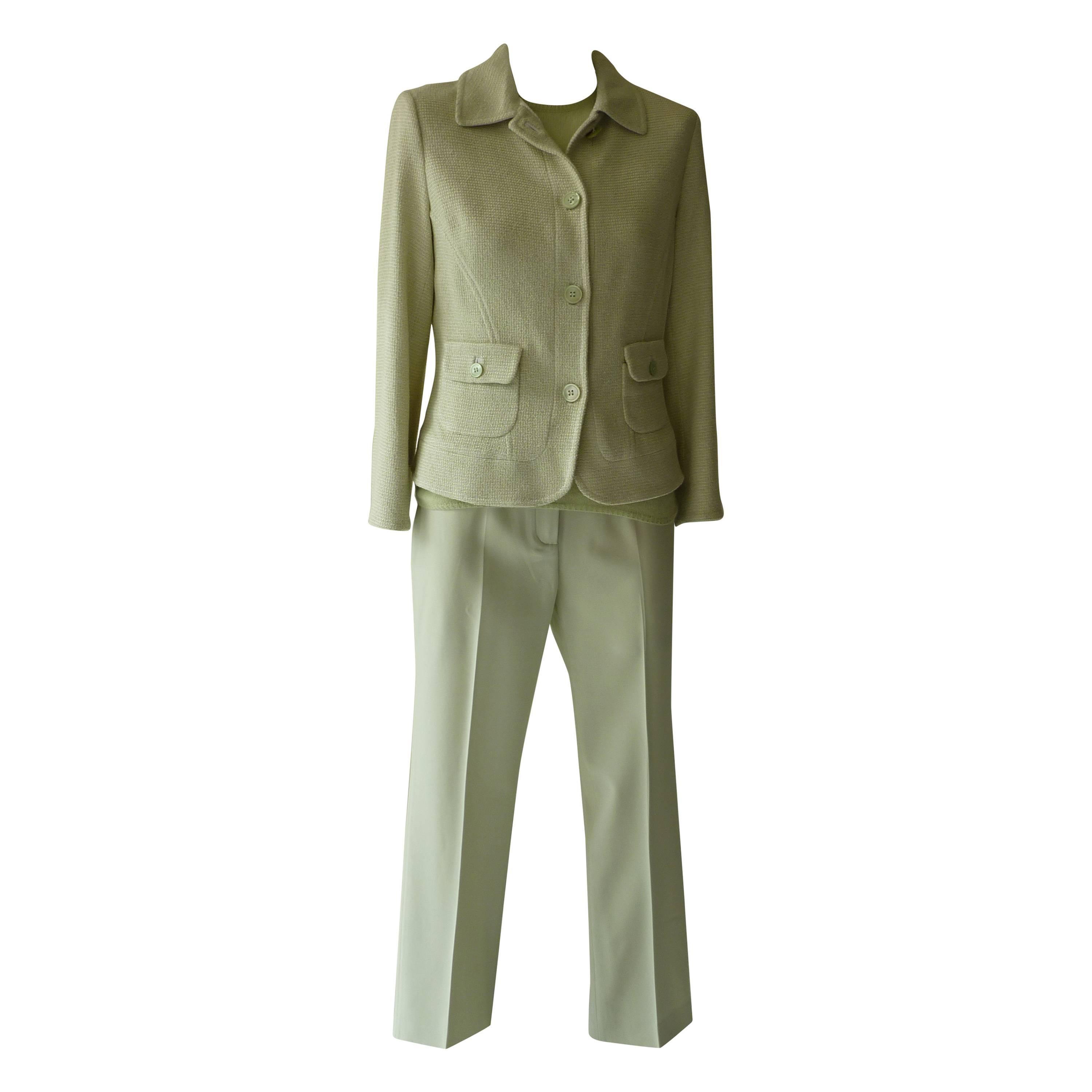 Exceptional Agnona Mint Green Three-Piece Pant Suit with Cashmere Top
