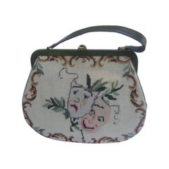 Unique Thespian Needlepoint Comedy and Tragedy Handbag c 1960