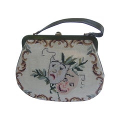 Retro Unique Thespian Needlepoint Comedy and Tragedy Handbag c 1960