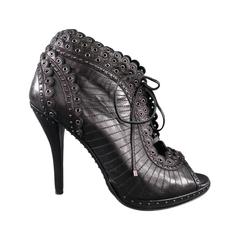 CHRISTIAN DIOR Size 6 Black Studded Lace up Leather Peep Toe MUSE Booties