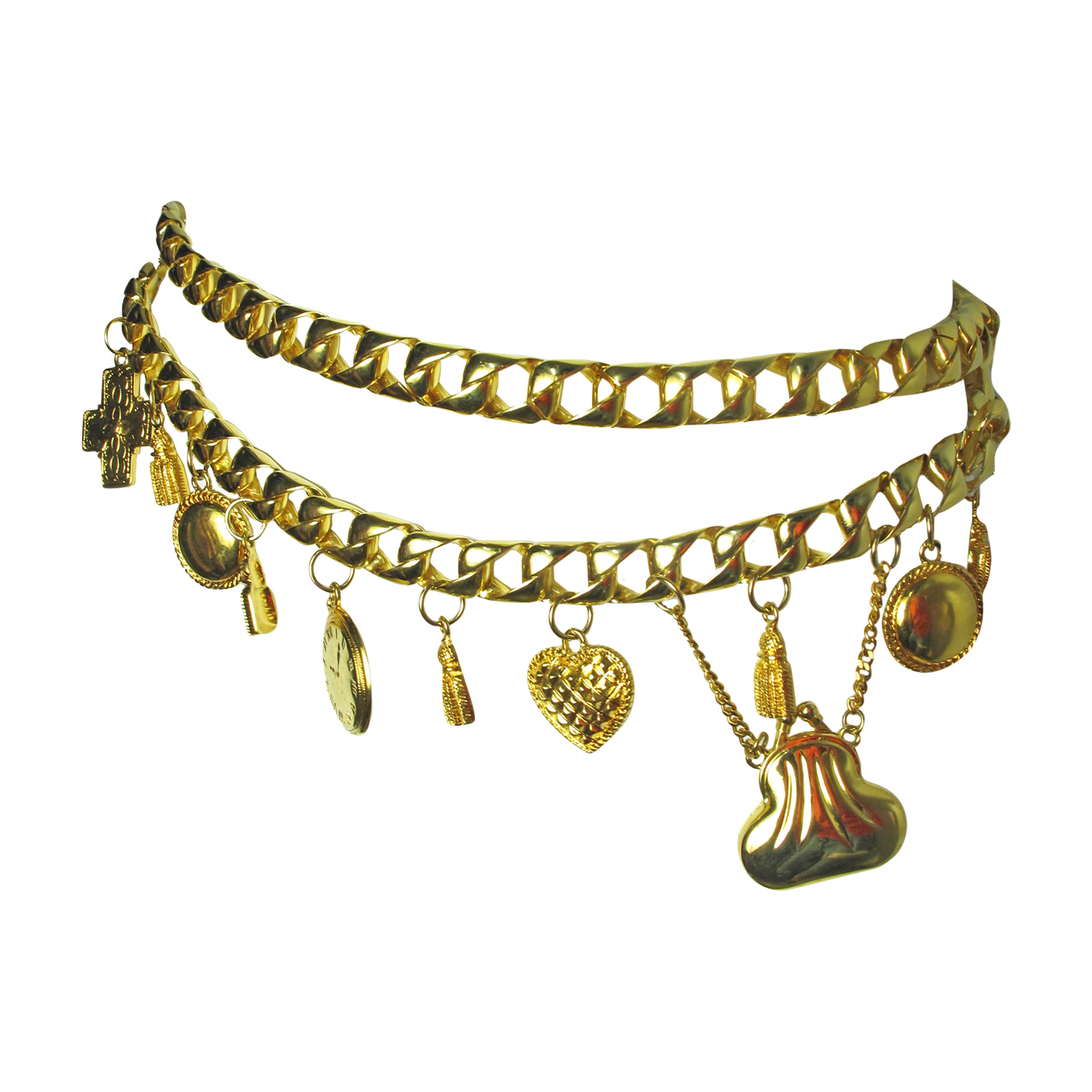Made in Spain Ornate Metal Gold Tone Belt Luxury Chain Link Belt ESCADA Gilt Metal Medallion Charm Dangling Charms Belt Modernist Belt