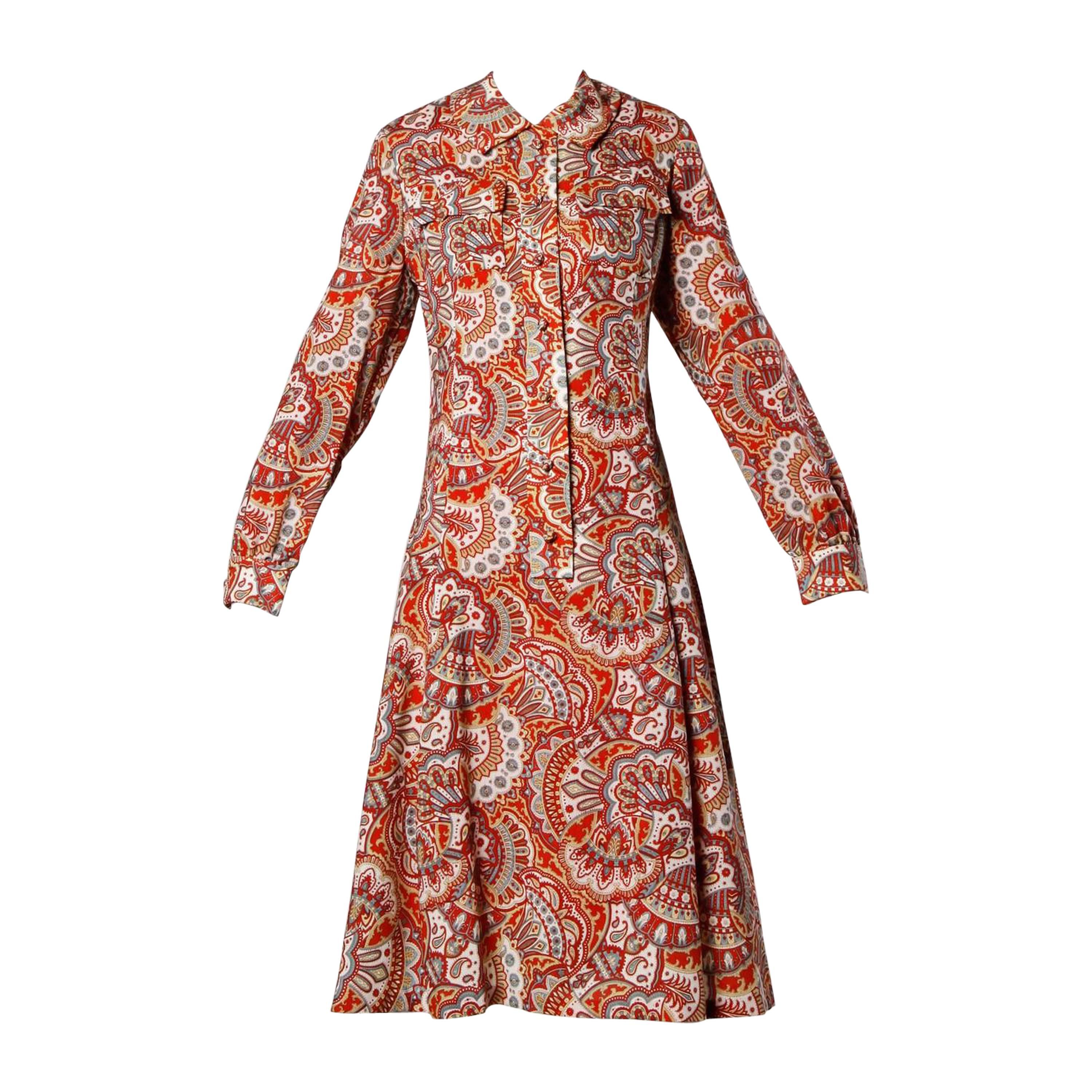 1970s Vintage Paisley Wool Coat Dress with Matching Belt