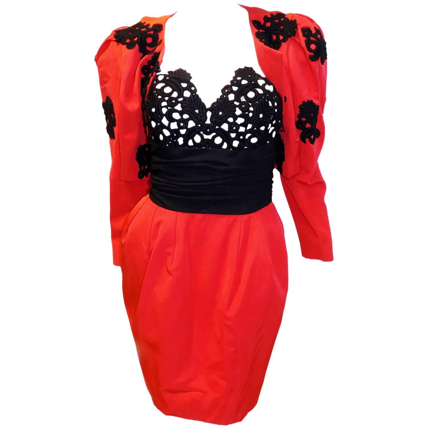 Isabelle Allard Paris Vintage red black Lace corset Cocktail dress with Bolero For Sale