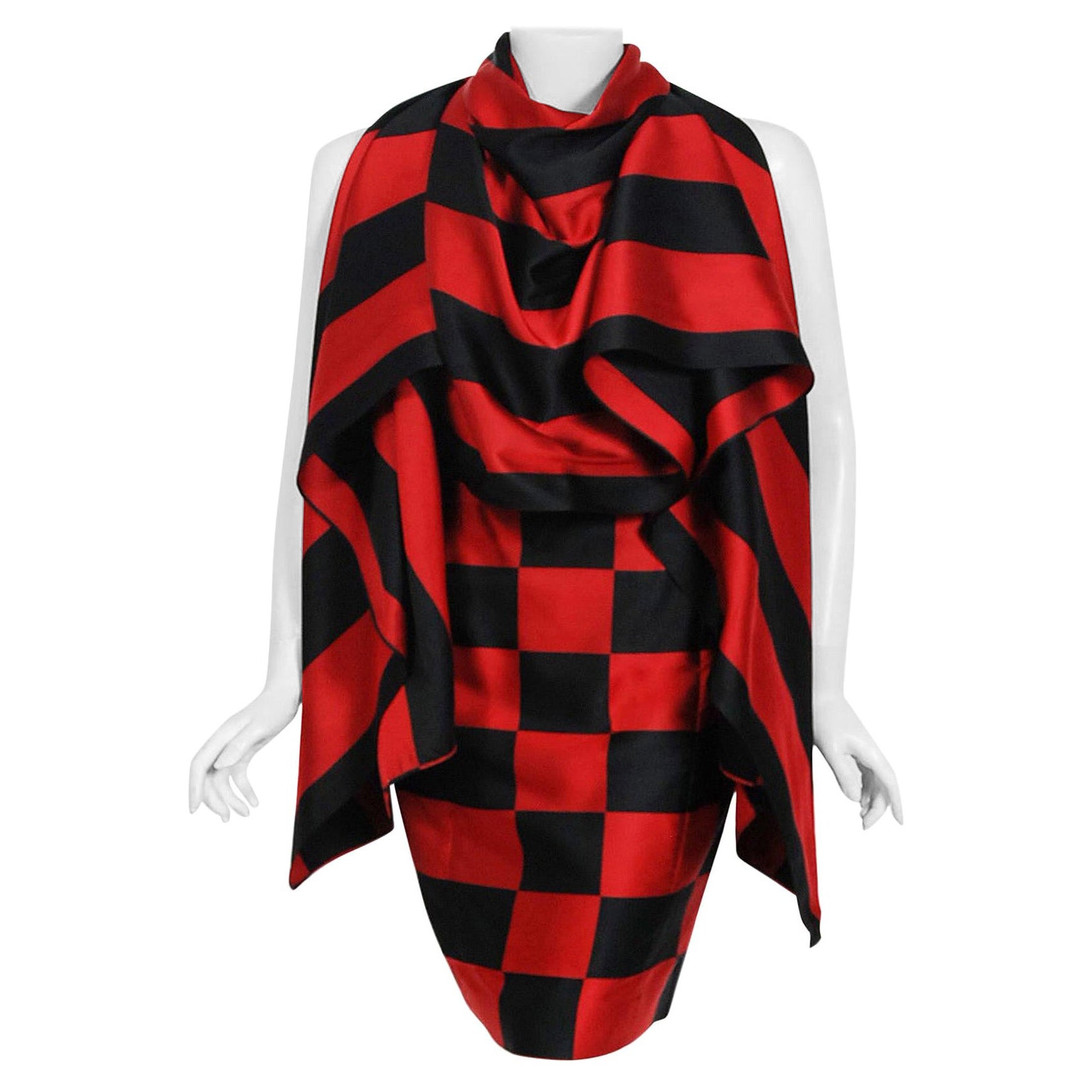 Vintage 1990s Marc Jacobs for Perry Ellis Black Red Checkered Silk Skirt w/ Wrap For Sale