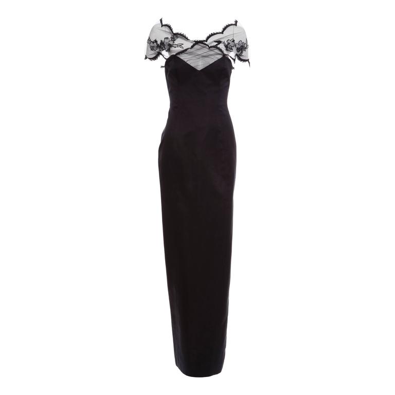 Richard Tyler Couture Black Satin Lace Evening Dress, Circa 1990's For ...